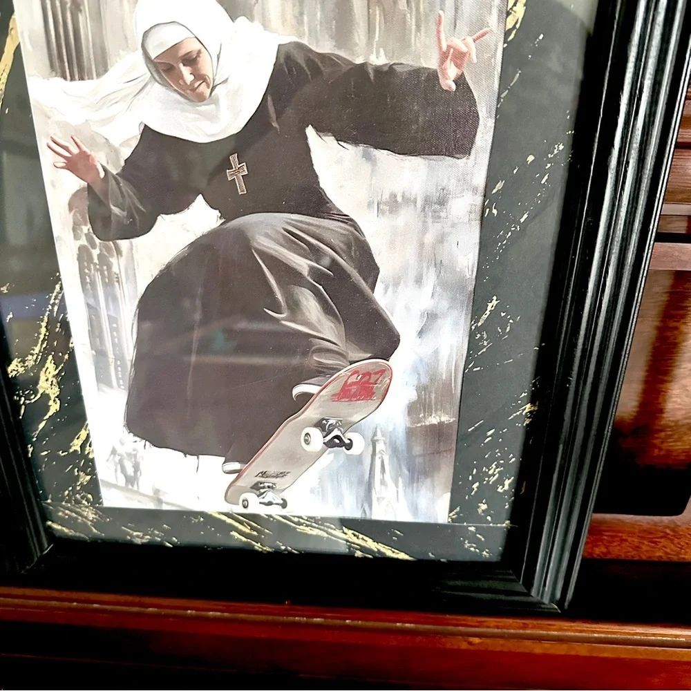 Skateboarding Nun Street Art Canvas Print Black Framed Quirky Silly 13.5x16.5”